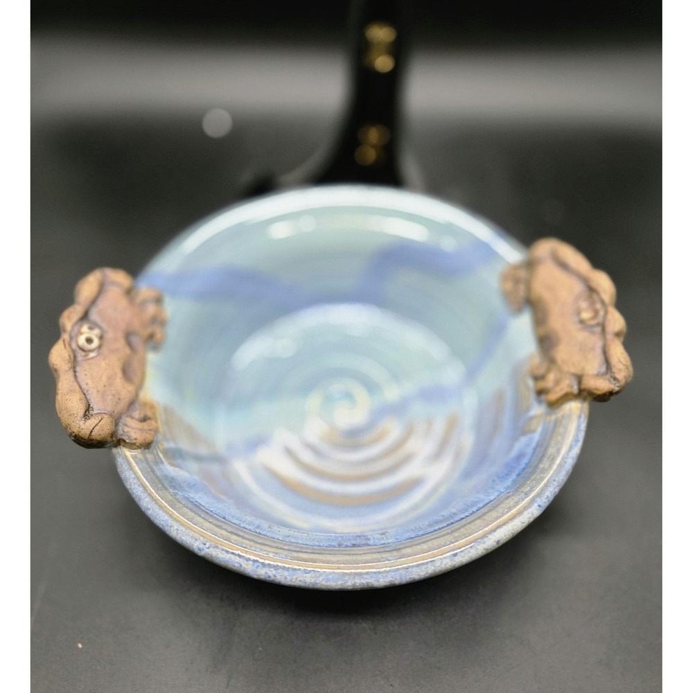 Vintage Studio Art Pottery Blue Crab Handled Bowl Nautical Decor Signed 9"